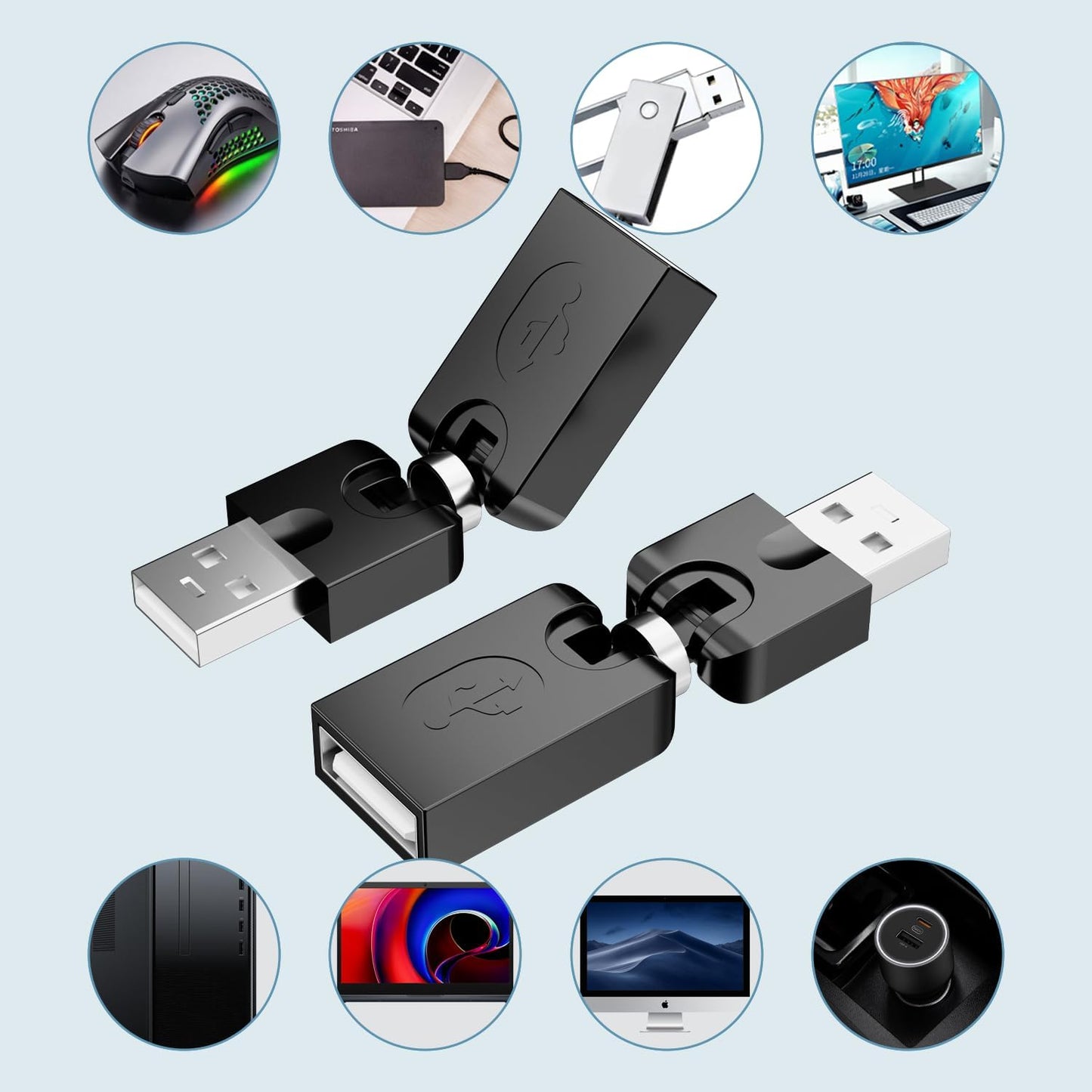 Swivel USB Adapter – USB Male to Female Converter with 360° Rotation & 180° Folding for Tight Spaces