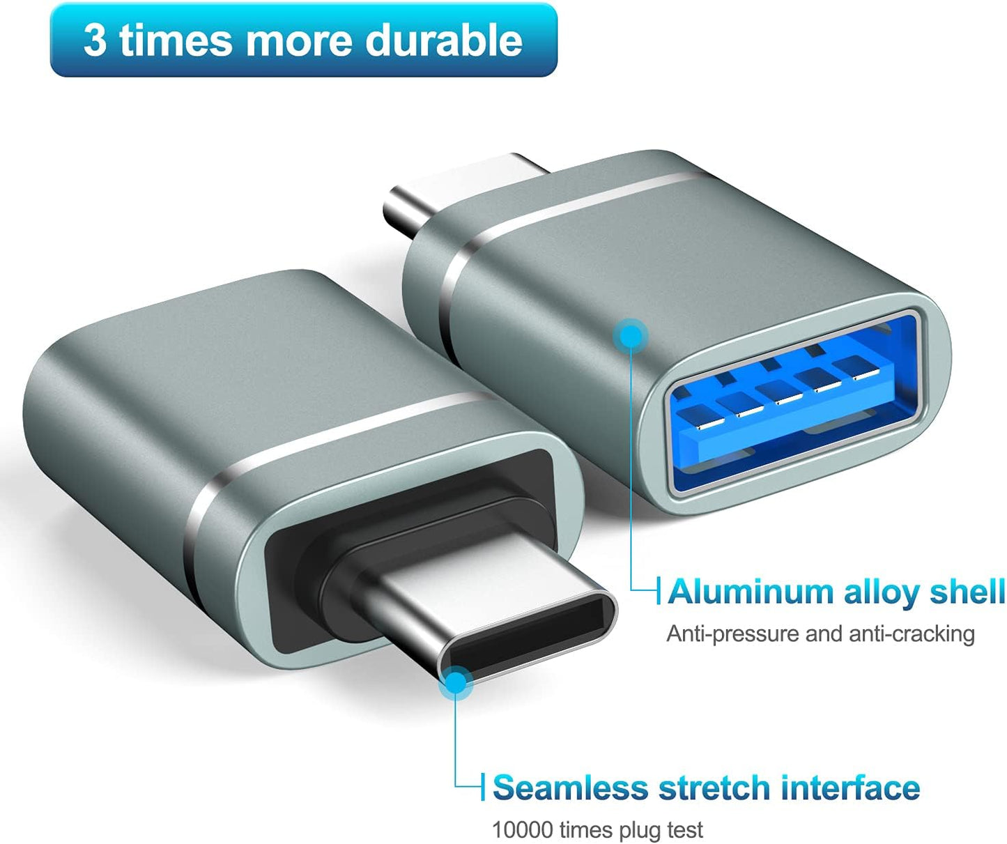 USB-C to USB Adapter (3-Pack) – Mini Type-C to USB-A Converter OTG-Compatible, Lightweight Aluminum Shell for Laptop, Tablet, Smartphone, Hard Drive