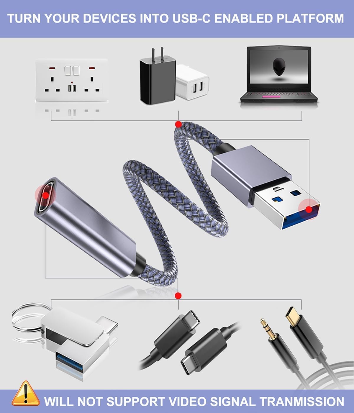 USB-C Female to USB 3.1 Male Adapter Cable – 8.8 inch Nylon Braided Cord | High-Speed Transfer | Compatible with Smartphones, Tablets, Flash Drives, and More