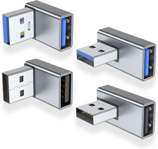 4-Pack USB 3.0 Right Angle Adapter | Male to Female 90° Elbow Connector | High-Speed Data Extension
