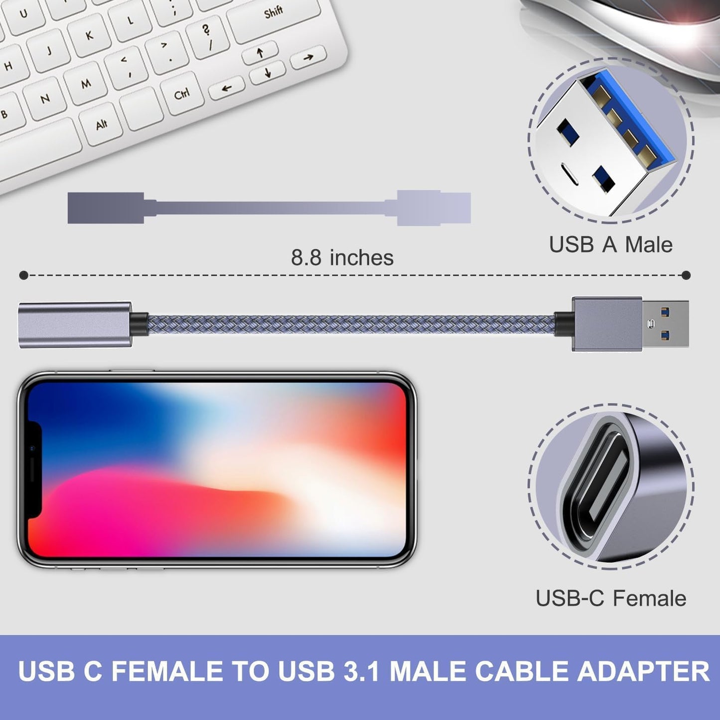 USB-C Female to USB 3.1 Male Adapter Cable – 8.8 inch Nylon Braided Cord | High-Speed Transfer | Compatible with Smartphones, Tablets, Flash Drives, and More